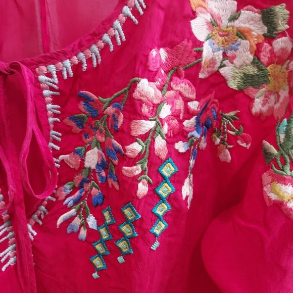 Johnny Was Red Floral Embroidered Tie Yoke Neck Georgette Tunic Top Blouse - Picture 2 of 7